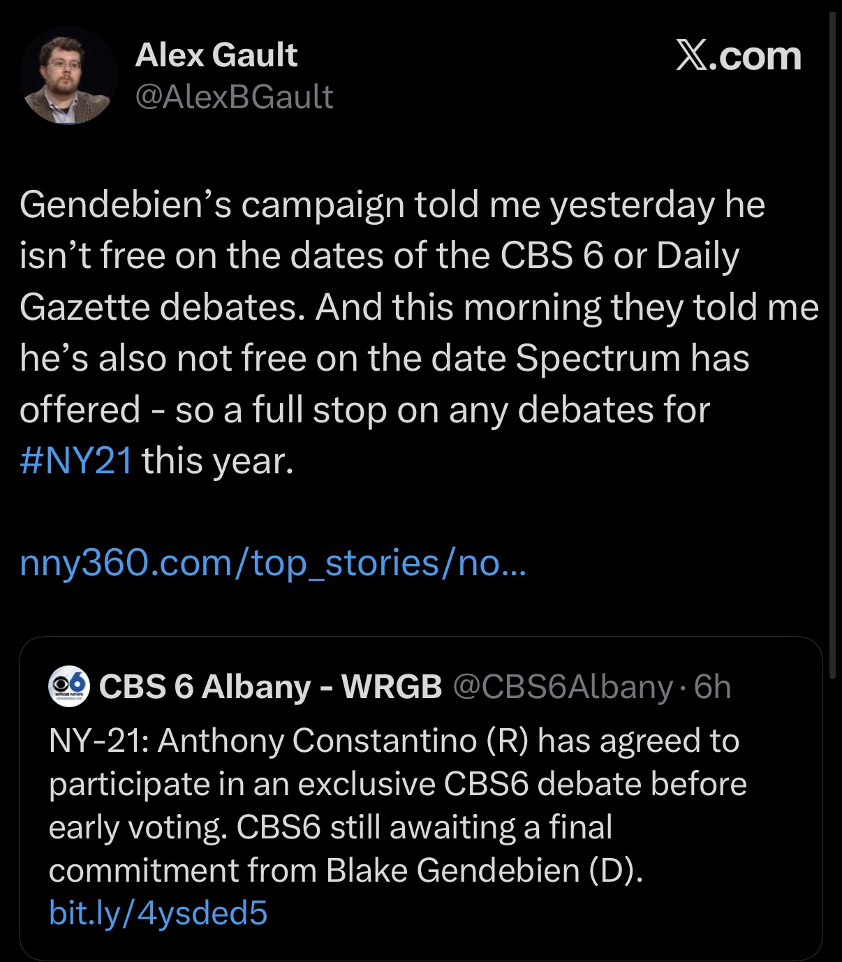 Reporter tweet confirming Gendebien is refusing to debate